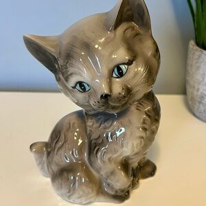 Vintage Blue Eyed Kitten Figurine Mid-Century 
Gray Ceramic Cat Decor